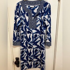CABANA LIFE Shift Dress Blue and White Tropical Palm Leaf Print 50 SPF